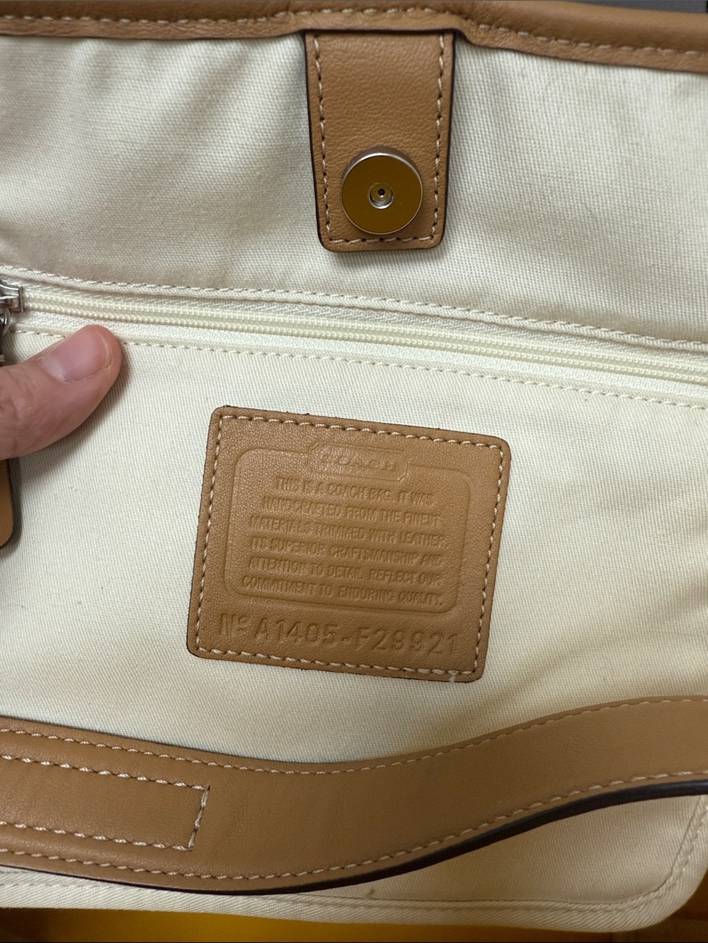 Coach Hadley Blue & Cream Striped Canvas Tote/Duffle with Tan Leather Trim - Picture 10 of 11